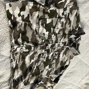 Army green, off white, brown multi color army jeans jacket.